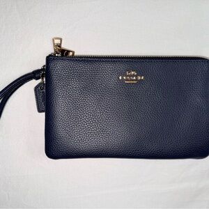 Coach Navy Leather Wristlet with Gold Accents